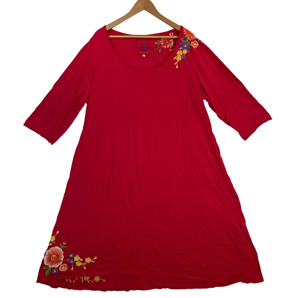 JW Los Angeles Floral Embroidered Knit A-Line Swing Dress/Tunic Red Boho Sz 3XL